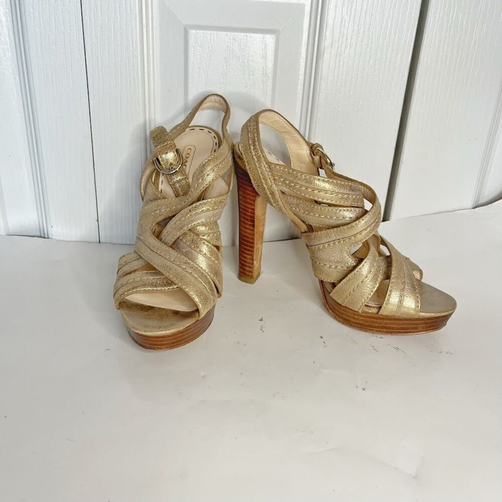 Coach Brynne Leather Metallic Gladiator Strappy Stiletto Wood Slingback Sandals